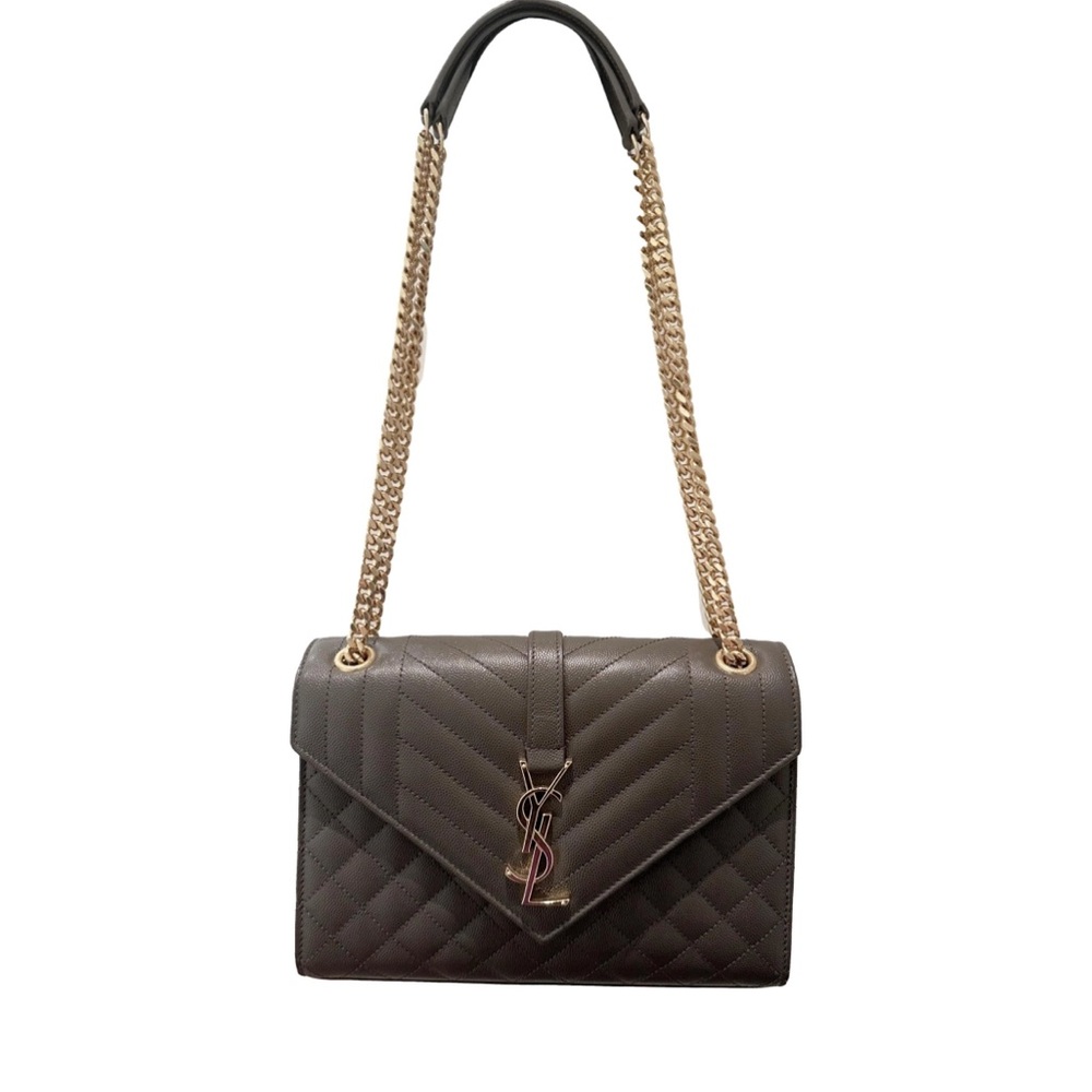 Yves Saint Laurent Envelope Medium Shoulder Bag in Matelassé Lambskin Dark Green